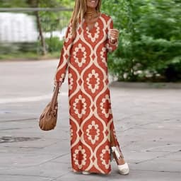 Women Geometric Printing Split Maxi Dress 2023 Summer Causal V Neck Long Sleeve Dresses Female Holiday Beach Boho Dress Vestidos