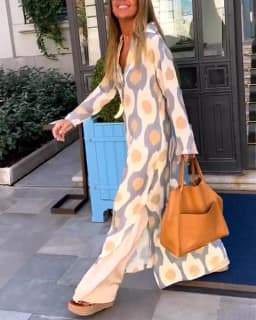 Women Geometric Printing Split Maxi Dress 2023 Summer Causal V Neck Long Sleeve Dresses Female Holiday Beach Boho Dress Vestidos