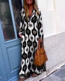 Women Geometric Printing Split Maxi Dress 2023 Summer Causal V Neck Long Sleeve Dresses Female Holiday Beach Boho Dress Vestidos