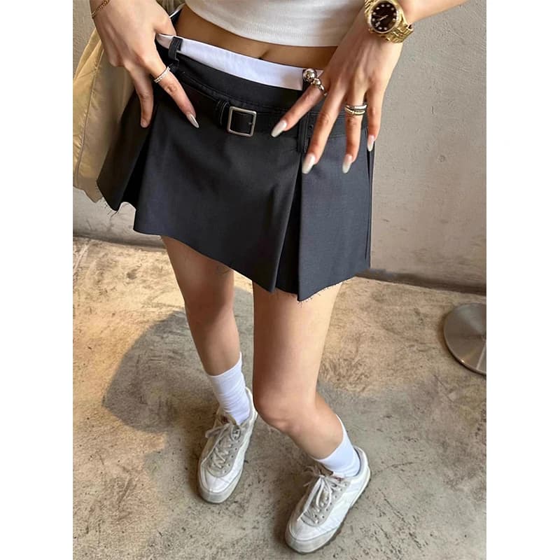 MEXZT Streetwear Belt Mini Skirt Women Korean Patchwork Pleated Skirts Y2K Harajuku Fashion Black Grey All Match A Line Skirt