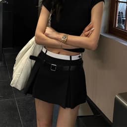 MEXZT Streetwear Belt Mini Skirt Women Korean Patchwork Pleated Skirts Y2K Harajuku Fashion Black Grey All Match A Line Skirt