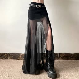 Goth Dark Mall Goth High Waist Mesh Patchwrok Mid Skirts Sexy Hem Split Ruched Bodycon Skirt E-girl Y2K Streetwear Alt Bottoms