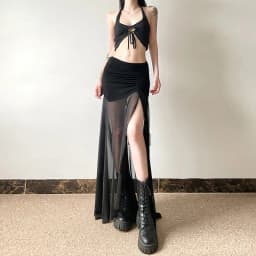 Goth Dark Mall Goth High Waist Mesh Patchwrok Mid Skirts Sexy Hem Split Ruched Bodycon Skirt E-girl Y2K Streetwear Alt Bottoms