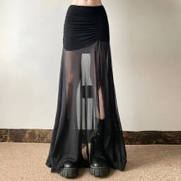 Goth Dark Mall Goth High Waist Mesh Patchwrok Mid Skirts Sexy Hem Split Ruched Bodycon Skirt E-girl Y2K Streetwear Alt Bottoms