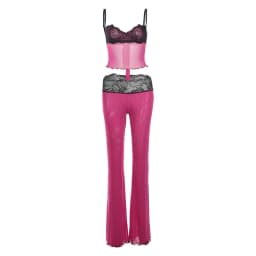 Lace Patchwork Leopard Print Sheer Mesh 2 Piece Set Women Sexy Camisole Crop Tops + Flare Pants Party Clubwear Holiday Suits