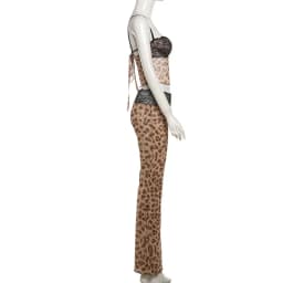 Lace Patchwork Leopard Print Sheer Mesh 2 Piece Set Women Sexy Camisole Crop Tops + Flare Pants Party Clubwear Holiday Suits