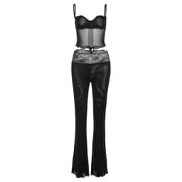 Lace Patchwork Leopard Print Sheer Mesh 2 Piece Set Women Sexy Camisole Crop Tops + Flare Pants Party Clubwear Holiday Suits
