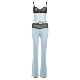 Lace Patchwork Leopard Print Sheer Mesh 2 Piece Set Women Sexy Camisole Crop Tops + Flare Pants Party Clubwear Holiday Suits