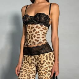 Lace Patchwork Leopard Print Sheer Mesh 2 Piece Set Women Sexy Camisole Crop Tops + Flare Pants Party Clubwear Holiday Suits