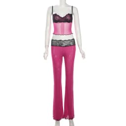 Lace Patchwork Leopard Print Sheer Mesh 2 Piece Set Women Sexy Camisole Crop Tops + Flare Pants Party Clubwear Holiday Suits