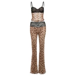 Lace Patchwork Leopard Print Sheer Mesh 2 Piece Set Women Sexy Camisole Crop Tops + Flare Pants Party Clubwear Holiday Suits