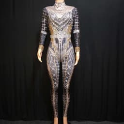 Fashion Rhinestones Jumpsuit Crystal Pearl Sexy Women Jumpsuits Spandex Party Nightclub Birthday Pole Dance Singer Stage Costume