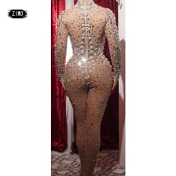 Fashion Rhinestones Jumpsuit Crystal Pearl Sexy Women Jumpsuits Spandex Party Nightclub Birthday Pole Dance Singer Stage Costume
