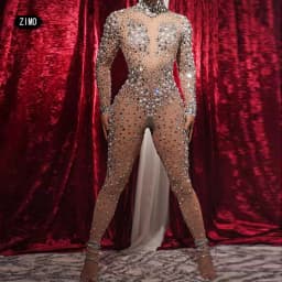 Fashion Rhinestones Jumpsuit Crystal Pearl Sexy Women Jumpsuits Spandex Party Nightclub Birthday Pole Dance Singer Stage Costume