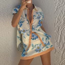 Women Spring Summer Loose Fit 2 Pieces Set Loungewear Lapel V-Neck Short Sleeve Shirt Top And Mini Skirts Outfit Streetwear 2025
