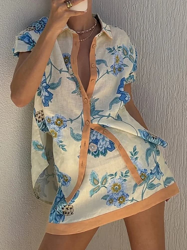 Women Spring Summer Loose Fit 2 Pieces Set Loungewear Lapel V-Neck Short Sleeve Shirt Top And Mini Skirts Outfit Streetwear 2025