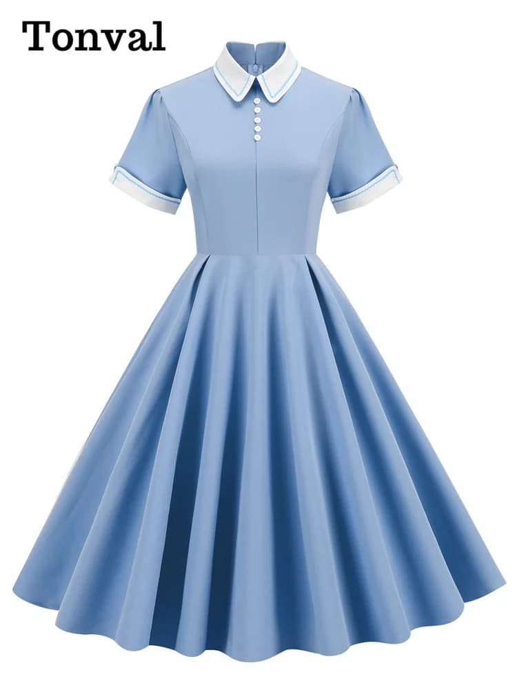 Tonval Peter-Pan Collar Button Front Vintage Midi Swing Dress Elegant for Women 50s Robes Femme Evening Retro Pocket Dresses