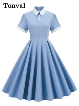 Tonval Peter-Pan Collar Button Front Vintage Midi Swing Dress Elegant for Women 50s Robes Femme Evening Retro Pocket Dresses
