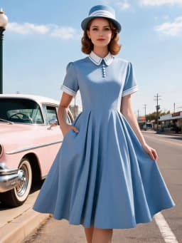 Tonval Peter-Pan Collar Button Front Vintage Midi Swing Dress Elegant for Women 50s Robes Femme Evening Retro Pocket Dresses
