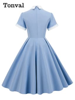 Tonval Peter-Pan Collar Button Front Vintage Midi Swing Dress Elegant for Women 50s Robes Femme Evening Retro Pocket Dresses