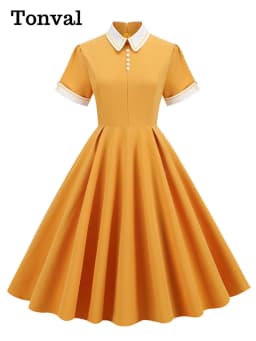 Tonval Peter-Pan Collar Button Front Vintage Midi Swing Dress Elegant for Women 50s Robes Femme Evening Retro Pocket Dresses