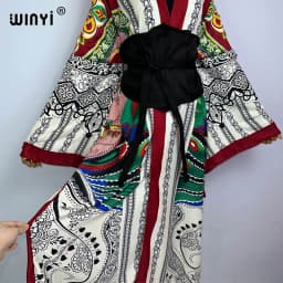 WINYI 2022 Women Kimono Fashion Vintage Totem Floral Caftan Print Waist Seal Midi Shirt Dress Long Sleeve Casual Slim Vestidos