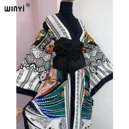 WINYI 2022 Women Kimono Fashion Vintage Totem Floral Caftan Print Waist Seal Midi Shirt Dress Long Sleeve Casual Slim Vestidos