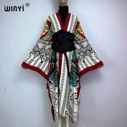 WINYI 2022 Women Kimono Fashion Vintage Totem Floral Caftan Print Waist Seal Midi Shirt Dress Long Sleeve Casual Slim Vestidos
