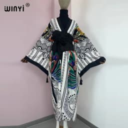 WINYI 2022 Women Kimono Fashion Vintage Totem Floral Caftan Print Waist Seal Midi Shirt Dress Long Sleeve Casual Slim Vestidos