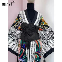 WINYI 2022 Women Kimono Fashion Vintage Totem Floral Caftan Print Waist Seal Midi Shirt Dress Long Sleeve Casual Slim Vestidos