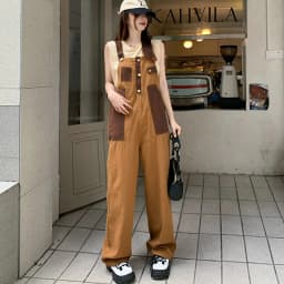 New Japanese retro flavor brown color matching neutral overalls American loose one-piece straight overalls tide 5xl