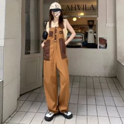 New Japanese retro flavor brown color matching neutral overalls American loose one-piece straight overalls tide 5xl