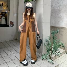 New Japanese retro flavor brown color matching neutral overalls American loose one-piece straight overalls tide 5xl