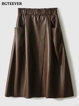 BGTEEVER Stylish Elastic Waist Women PU Leather Skirts Spring Autumn Loose Pockets Faux Leather A-line Skirts Female