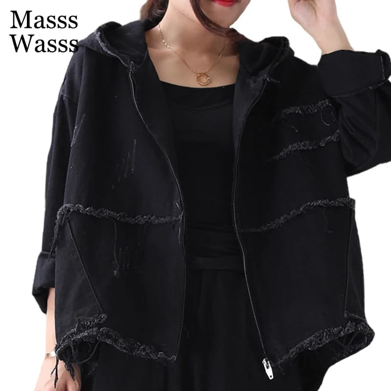 Masss Wasss 2025 Designer Spring Female Black Denim Jackets Womens Casual Hooded Coats Ripped Female Punk Streetwear Big Size