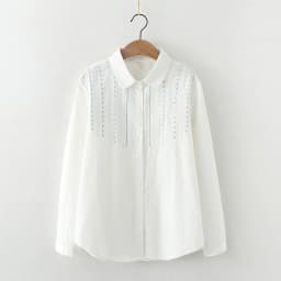 Autumn New Women Embroidery Cotton White Shirt Full Sleeve Turn Down Collar Ruched Casual Blouse Spring Office Lady Work Wear