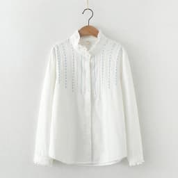 Autumn New Women Embroidery Cotton White Shirt Full Sleeve Turn Down Collar Ruched Casual Blouse Spring Office Lady Work Wear
