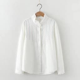 Autumn New Women Embroidery Cotton White Shirt Full Sleeve Turn Down Collar Ruched Casual Blouse Spring Office Lady Work Wear