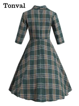 Tonval Turn-down Collar Button Up Green Plaid 2022 Autumn Winter Clothes Dresses Vintage Robe Women Elegant Swing Dress Retro