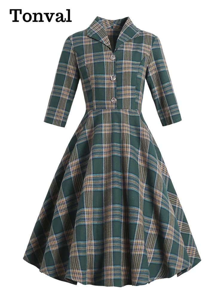 Tonval Turn-down Collar Button Up Green Plaid 2022 Autumn Winter Clothes Dresses Vintage Robe Women Elegant Swing Dress Retro