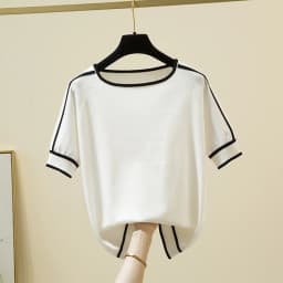 Camisetas Mujer New Thin Knitted T Shirt Women Short Sleeve Summer Tops Woman Clothes Striped Fashion T-Shirt Tee Shirt Femme