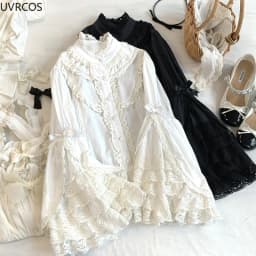 Japanese Gothic Lolita Style Shirts Women Victorian Vintage Lace Bow Long Sleeves Blouse Female Elegant Ruffles Collar Slim Tops