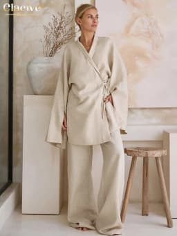 Clacive Casual Loose Khaki 2 Piece Set Women Outfit 2024 Fashion Long Sleeve Lace-Up Shirt With High Waist Wide Pants Set Female