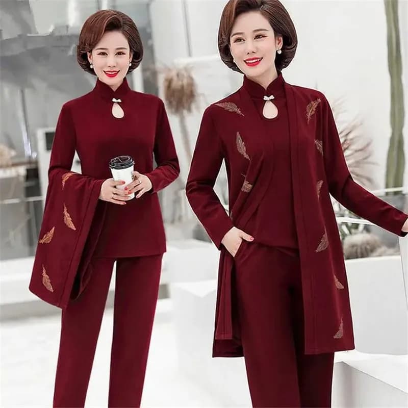 Womens 2022 Spring Autumn Elegant Three Piece Sets Floral Printed Long Coat + Short Top And Loose Pants Suits 4XL 2344