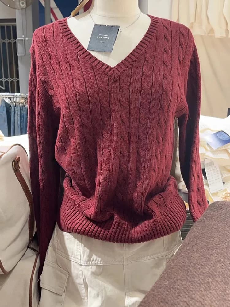 Solid Twisted Flower Knitted Sweater For Women Autumn Winter Cotton V Neck Slim Pullovers Tops Sweet Preppy Style Jumper Y2k