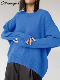 Light Blue Oversized Sweaters For Women Trend White Loose Sweater Casual Autumn Winter Warm Thick Knit Sweater Women Jumper