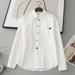 Autumn New Women Cotton White Shirts Heart Embroidered Full Sleeve Turn Down Collar Loose Blouse Casual Tops Spring T36310JC