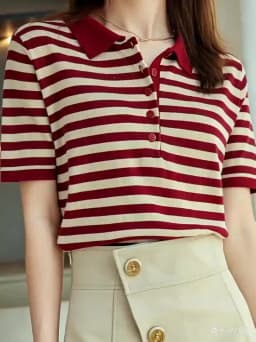 RONGYI 100% Cotton Women's Spring And Summer New Polo Neck Knitted Pullover With Stripes And Thin Short Sleeve T-Shirt Loose Top