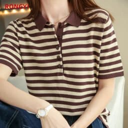 RONGYI 100% Cotton Women's Spring And Summer New Polo Neck Knitted Pullover With Stripes And Thin Short Sleeve T-Shirt Loose Top