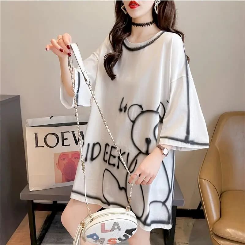 Casual Large Size T Shirt Women Loose Short-sleeved T-shirt Summer New Loose All-match Mid-length Top Womens Kawaii Clothes 2025